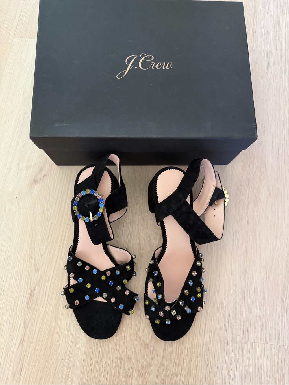 J. Crew Black Suede Jeweled Strap block heel 38.5